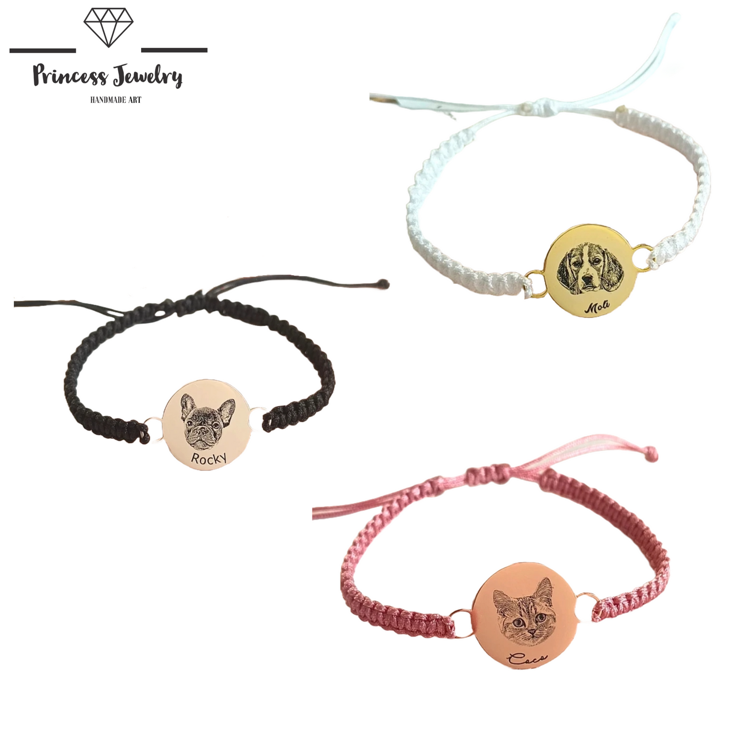 PRINCESS JEWELRY® Bracciale in Cotone/Acciaio Inossidabile Con Foto e Nome Personalizzati (3 colori) - Princess Jewelry
