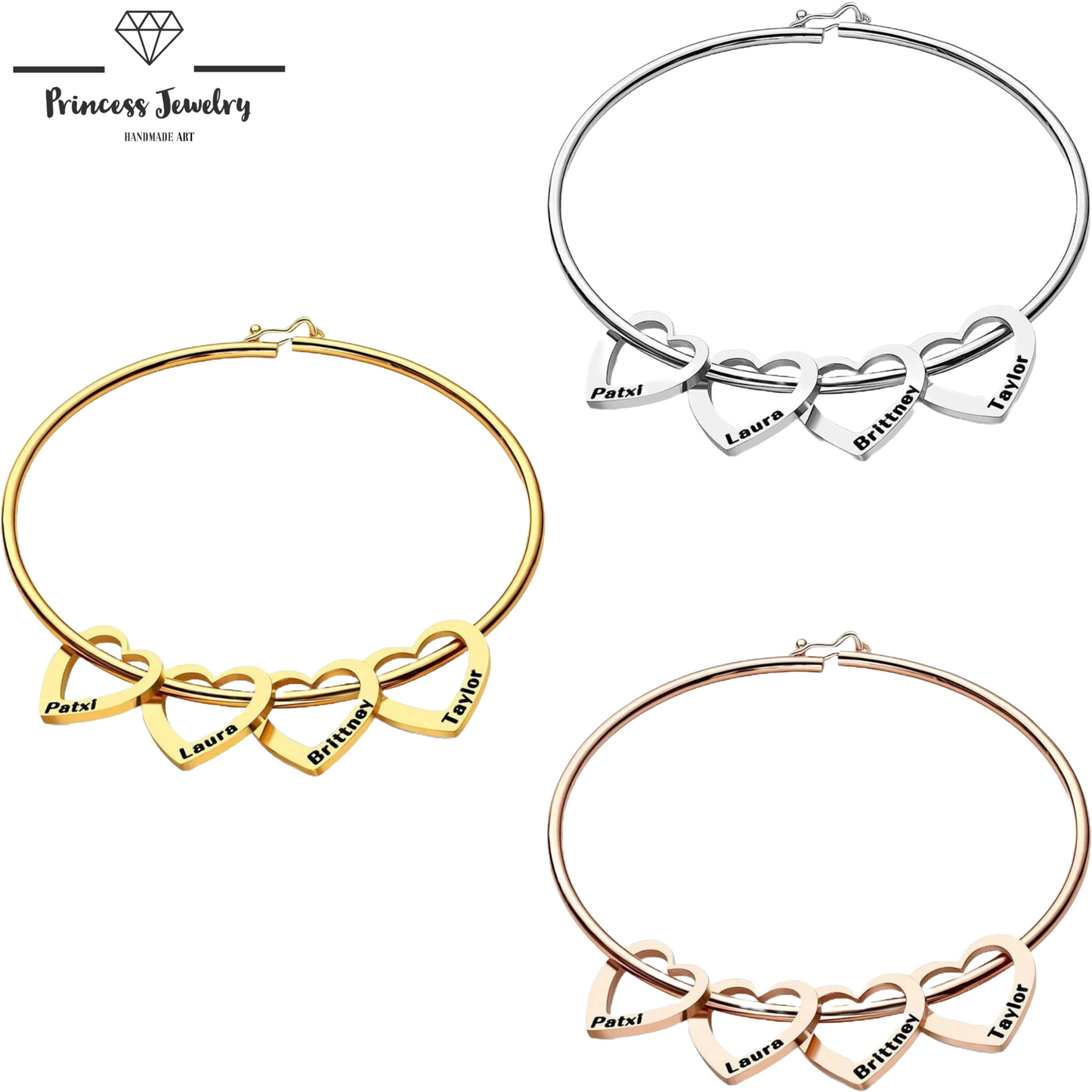 PRINCESS JEWELRY® Bracciale in Acciaio Inossidabile Personalizzato con Ciondoli a Forma di Cuore - Princess Jewelry