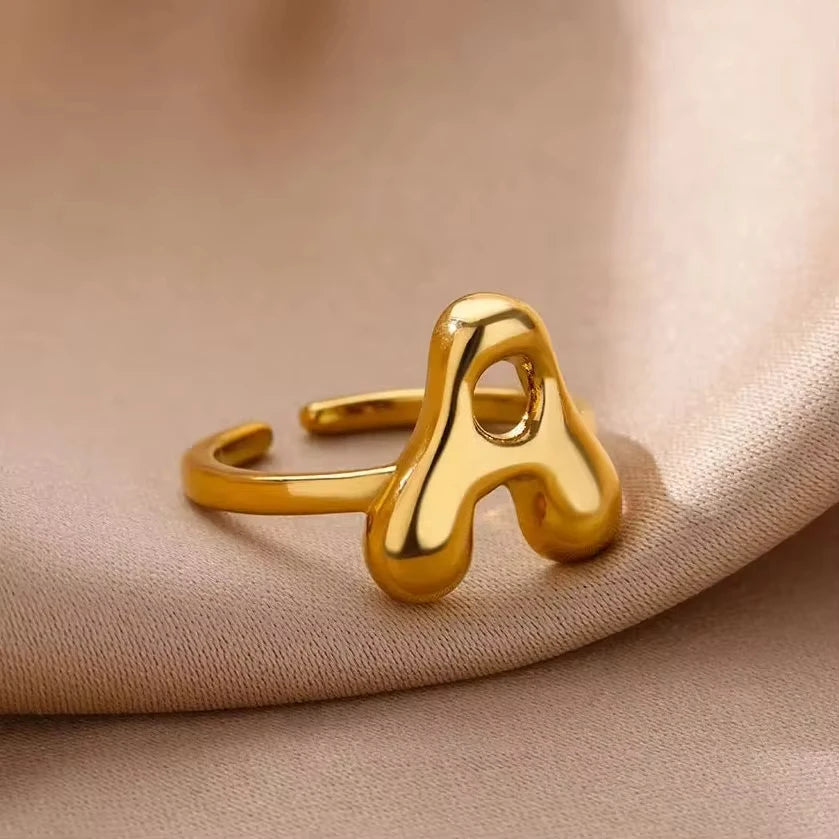 PRINCESS JEWELRY® Anello con Lettera Personalizzata a Bolla in Acciaio Inossidabile Placcato Oro 18 Kt
