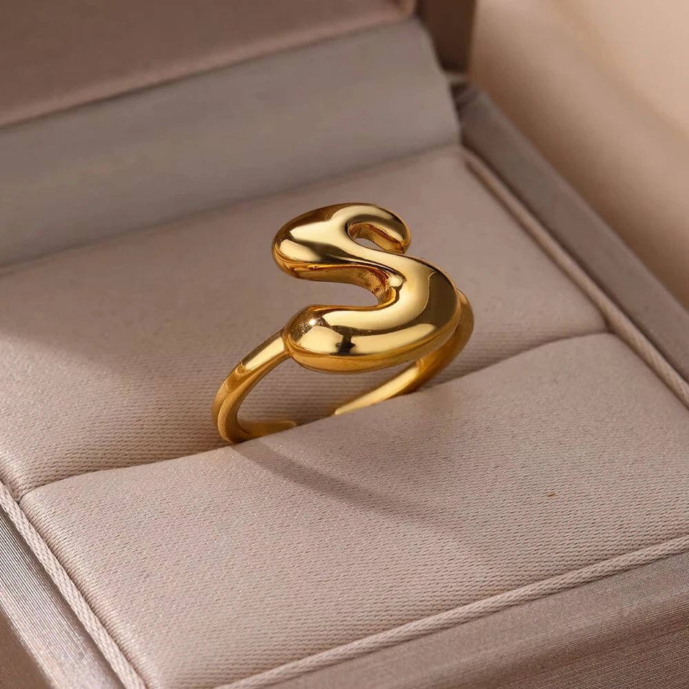 PRINCESS JEWELRY® Anello con Lettera Personalizzata a Bolla in Acciaio Inossidabile Placcato Oro 18 Kt
