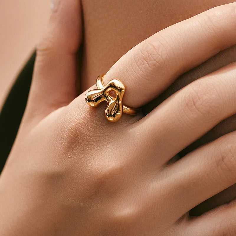PRINCESS JEWELRY® Anello con Lettera Personalizzata a Bolla in Acciaio Inossidabile Placcato Oro 18 Kt