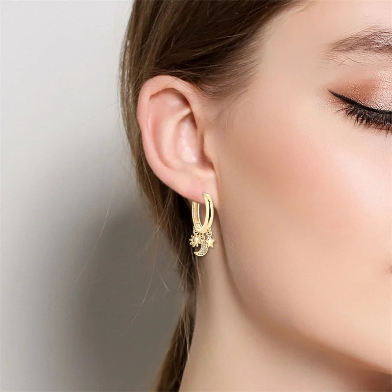 PRINCESS JEWELRY® Orecchini a Cerchio Decorati con Sole, Stella e Luna in Argento 925 Placcato Oro 18 Kt