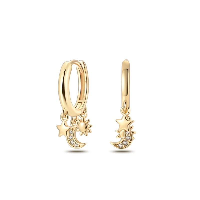 PRINCESS JEWELRY® Orecchini a Cerchio Decorati con Sole, Stella e Luna in Argento 925 Placcato Oro 18 Kt