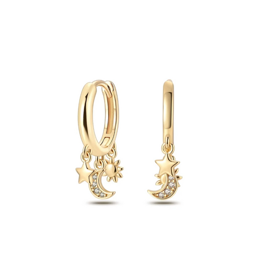 PRINCESS JEWELRY® Orecchini a Cerchio Decorati con Sole, Stella e Luna in Argento 925 Placcato Oro 18 Kt